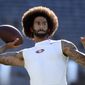 San Francisco 49ers quarterback Colin Kaepernick warms up for the team&#39;s NFL preseason football game against the San Diego Chargers, Thursday, Sept. 1, 2016, in San Diego. (AP Photo/Denis Poroy)