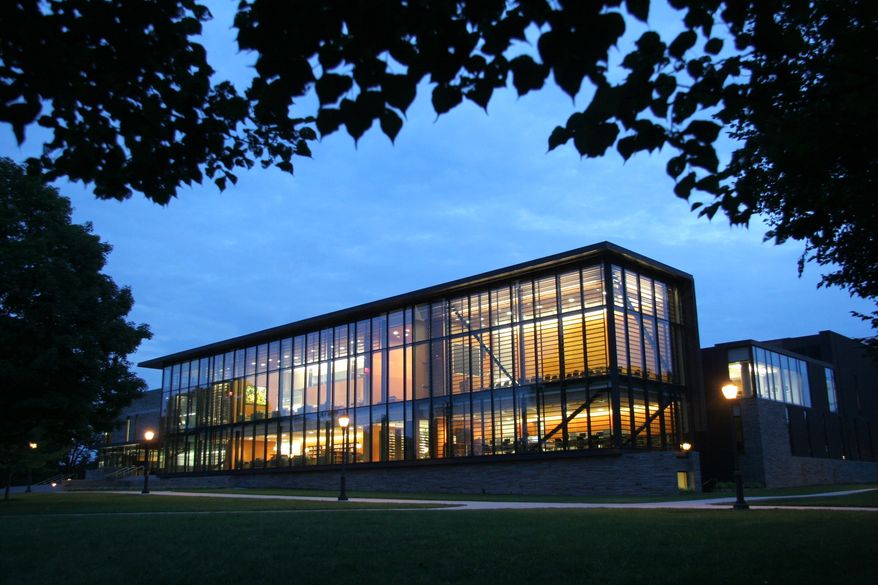 The David Bishop Skillman Library, located on Lafayette College's Campus in Easton, Pa., glows in the dusk light July 17, 2007. (Associated Press) **FILE**