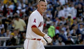 FILE - In this Tuesday, July 12, 2016 file photo, American League&#39;s Mike Trout, of the Los Angeles Angels of Anaheim, talks to the pitcher after striking out during the second inning of the MLB baseball All-Star Game, in San Diego. Trout was not hurt after being involved in a car crash following a game Wednesday night, Aug. 31, 2016. Trout did not play in Los Angeles&#39; 3-0 win over the Cincinnati Reds. Angels general manager Billy Eppler confirmed the crash and says in a statement he&#39;s spoken to Trout and &amp;quot;he feels fine.&amp;quot; Eppler says Trout was at home and is planning to travel with the club Thursday to Seattle. (AP Photo/Lenny Ignelzi, File)