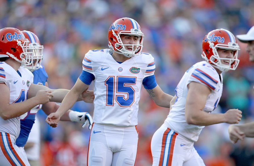 FILE - In this April 8, 2016, file photo, Florida kicker Eddy Pineiro (15) celebrates after making a field goal during a spring football game in Gainesville, Fla. No. 25 Florida went from having one of the worst place-kicking situations in the country to maybe one of the best. Pineiro could be the team's most significant newcomer when it opens the season Saturday. (Matt Stamey/The Gainesville Sun via AP, File)
