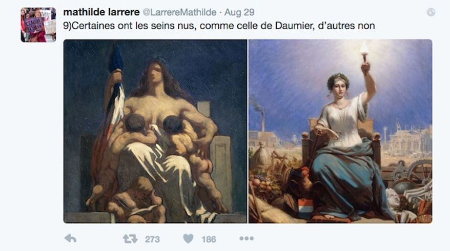 A French professor tweets at Prime Minister Manuel Valls about the bare bare breasts of Marianne, which symbolizes the Republic. "Some have bare breasts, like that of Daumier, others do not," she wrote Aug. 29, 2016." (Twitter, Mathilde Larrere)