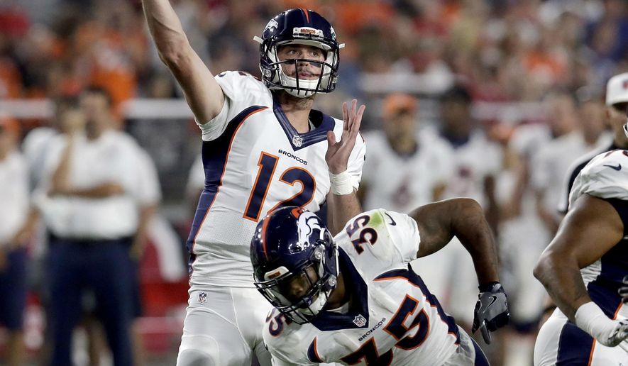 Denver Broncos quarterback Paxton Lynch (12) throws against the Arizona Cardinals during the first half of an NFL preseason football game, Thursday, Sept. 1, 2016, in Glendale, Ariz. (AP Photo/Rick Scuteri)