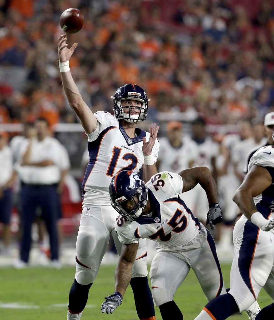Denver Broncos quarterback Paxton Lynch (12) throws against the Arizona Cardinals during the first half of an NFL preseason football game, Thursday, Sept. 1, 2016, in Glendale, Ariz. (AP Photo/Rick Scuteri)