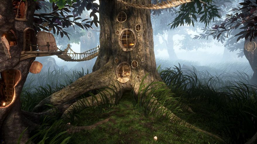 This undated image provided by VR studios Wevr shows a screen shot of the VR studios Wevr and Reality One collaboration "Gnomes & Goblins," an interactive series based on an original Jon Favreau creation. The room-scale virtual reality experience, which will initially be available for the HTC Vive system, casts users as a human-sized avatar that can move around in an enchanted forest and interact with an adorable tiny goblin. (VR studios Wevr via AP)