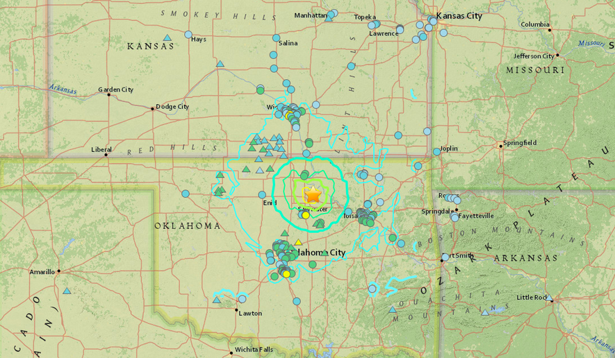 Screen capture of map depicting earthquake zone from the 5.6-magnitude earthquake outside of Pawnee, Oklahoma on the morning of Saturday, Sept. 3. Via the U.S. Geological Survey website. [http://earthquake.usgs.gov/earthquakes/eventpage/us10006jxs#map?ShakeMap%20Stations=true&amp;shakemapSource=us&amp;shakemapCode=us10006jxs]