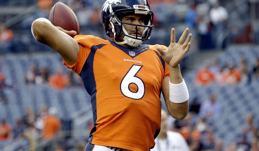FILE - In this Saturday, Aug. 27, 2016, file photo, Denver Broncos quarterback Mark Sanchez (6) warms up before an NFL preseason football game against the Los Angeles Rams in Denver. A person with knowledge of the deal says the Dallas Cowboys have agreed on a one-year contract with Sanchez. Sanchez was released by the Denver Broncos on Saturday, Sept. 3, 2016, clearing the way for the six-year veteran to sign with another team. (AP Photo/Jack Dempsey, File)