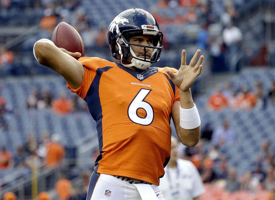 FILE - In this Saturday, Aug. 27, 2016, file photo, Denver Broncos quarterback Mark Sanchez (6) warms up before an NFL preseason football game against the Los Angeles Rams in Denver. A person with knowledge of the deal says the Dallas Cowboys have agreed on a one-year contract with Sanchez. Sanchez was released by the Denver Broncos on Saturday, Sept. 3, 2016, clearing the way for the six-year veteran to sign with another team. (AP Photo/Jack Dempsey, File)