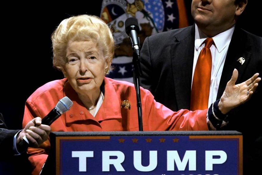 Conservative icon Phyllis Schlafly appears at a Donald Trump rally in Missouri earlier this year. (associated press)