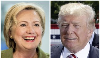 Democratic presidential candidate Hillary Clinton, left, and Republican presidential candidate Donal Trump in these 2016 file photos. Young people across racial and ethnic lines are more likely to say they trust Hillary Clinton than Donald Trump to handle instances of police violence against African-Americans. But young whites are more likely to say they trust Trump to handle violence committed against the police.   (AP Photo)
