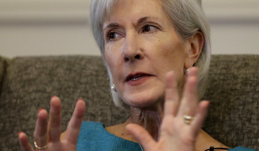 Former Democratic Kansas Gov. Kathleen Sebelius talks in support of retaining Kansas Supreme Court justices in November's election during an event Tuesday, Sept. 6, 2016, in Kansas City, Mo. Sebelius was joined by other former Govs. Mike Hayden, Bill Graves and John Carlin in an attempt to blunt Republican complaints over the seven-justice court's rulings on public school funding and decisions reversing death sentences in capital murder cases. (AP Photo/Charlie Riedel)