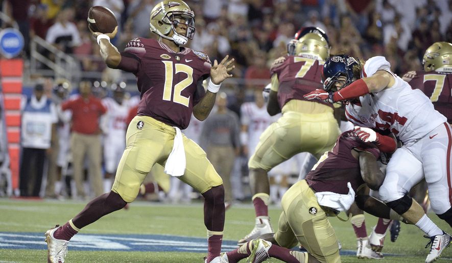 Florida State quarterback Deondre Francois (12) throws a pass as he is rushed by Mississippi linebacker Alex Ashlock (44) during the first half of an NCAA college football game in Orlando, Fla., Monday, Sept. 5, 2016.(AP Photo/Phelan M. Ebenhack)