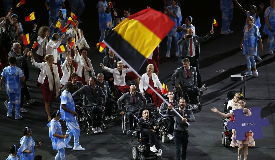 The Belgium delegation enters the stadium during the opening ceremony of the Rio 2016 Paralympic games at Maracana Stadium in Rio de Janeiro, Brazil, Wednesday, Sept. 7, 2016. (AP Photo/Silvia Izquierdo)