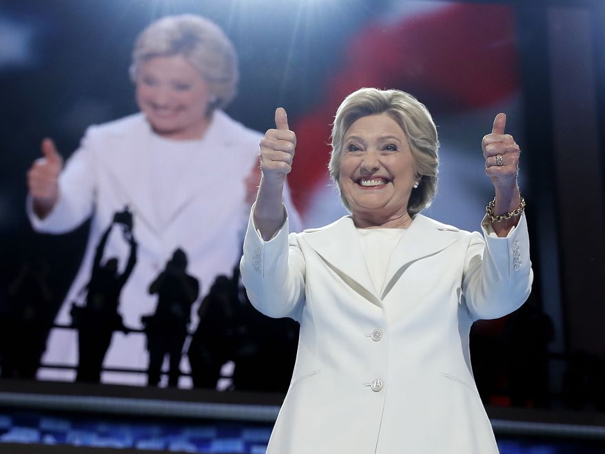 Hillary Clinton gestures to the crowd during the final day of the Democratic National Convention on July 28 in Philadelphia. (Associated Press)