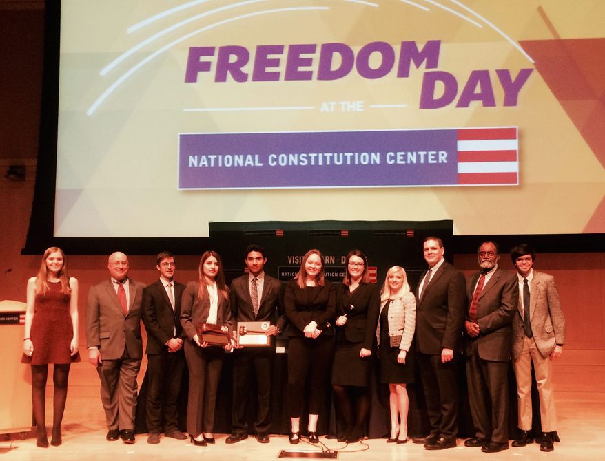 Julie Silverbrook (fourth from right), executive director of The Constitutional Sources Project, and Josh Blackman, president of Harlan Institute (third from right), stand with winners and judges of ConSource-Harlan Institute Virtual Supreme Court Competition in April 2016. The students had to write appellate briefs on an affirmative-action case, and argue against other student teams before a panel of attorneys. Image courtesy of ConSource.