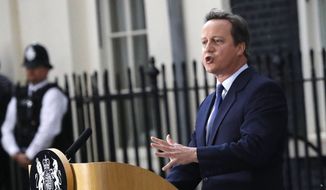 This is a  Wednesday, July 13, 2016, file photo of Britain&#39;s Prime Minister David Cameron speaks to the media as he leaves 10 Downing Street, in London, after formally resigning as prime minister. Cameron  announced on Monday, Sept. 12, 2016, that he will step down from his position as a Member of  Parliament. (AP Photo/Frank Augstein)