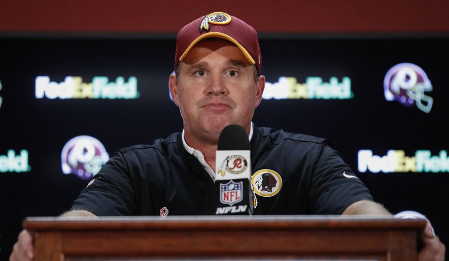 Washington Redskins head coach Jay Gruden listens to questions during a press conference after an NFL football game against the Pittsburgh Steelers in Landover, Md., Monday, Sept. 12, 2016. The Pittsburgh Steelers defeated the Washington Redskins 38-16. (AP Photo/Alex Brandon)