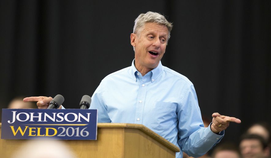 In this Sept. 3, 2016, file photo, Libertarian presidential candidate Gary Johnson speaks during a campaign rally in Des Moines, Iowa. (AP Photo/Scott Morgan, File)