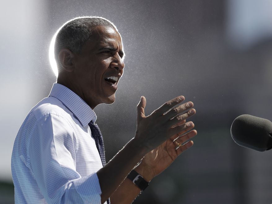 President Barack Obama speaks at campaign event for Democratic presidential candidate Hillary Clinton at Eakins Oval in Philadelphia, Tuesday, Sept. 13, 2016. (AP Photo/Carolyn Kaster)