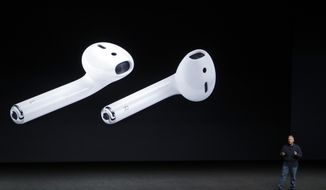 In this Sept. 7, 2016, file photo, Phil Schiller, Apple&#39;s senior vice president of worldwide marketing, talks about AirPods during an event to announce new products, in San Francisco. AirPods are Bluetooth headsets designed to work seamlessly with Apple’s software. The setup involves little more than opening the case near your phone and tapping “Connect.” (AP Photo/Marcio Jose Sanchez, File)