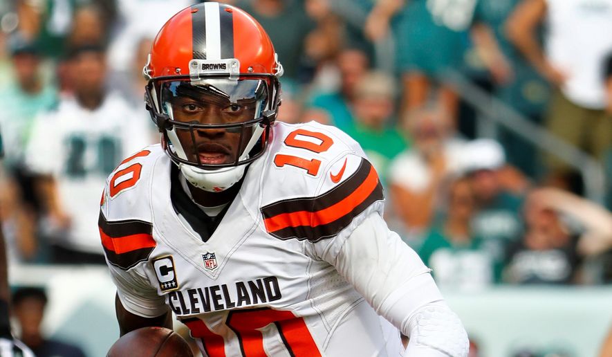 Cleveland Browns quarterback Robert Griffin III runs the ball during the Philadelphia Eagles 29-10 win over the Cleveland Browns at Lincoln Financial Field in Philadelphia, Sunday, Sept. 11, 2016. (Winslow Townson/AP Images for Panini) (credit)