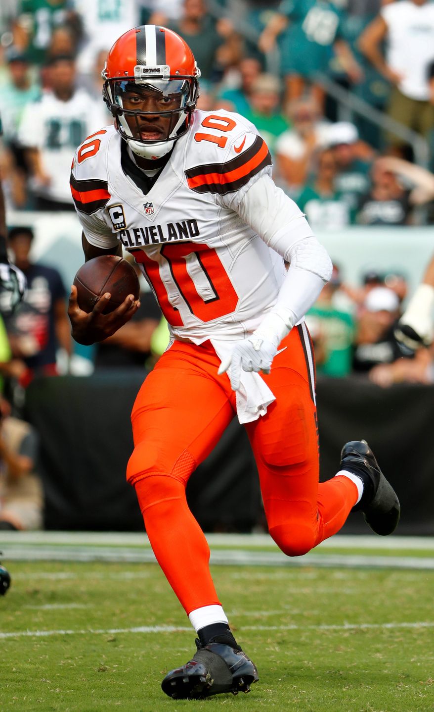 Cleveland Browns quarterback Robert Griffin III runs the ball during the Philadelphia Eagles 29-10 win over the Cleveland Browns at Lincoln Financial Field in Philadelphia, Sunday, Sept. 11, 2016. (Winslow Townson/AP Images for Panini) (credit)
