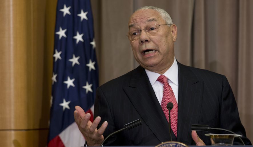 In this file photo taken Sept. 3, 2014, former Secretary of State Colin Powell speaks at the State Department in Washington. Powell, in newly leaked emails, criticized both major presidential candidates, calling Donald Trump a national disgrace and lamenting Hillary Clinton&#39;s attempt to equate her email practices with his. (AP Photo/Carolyn Kaster)