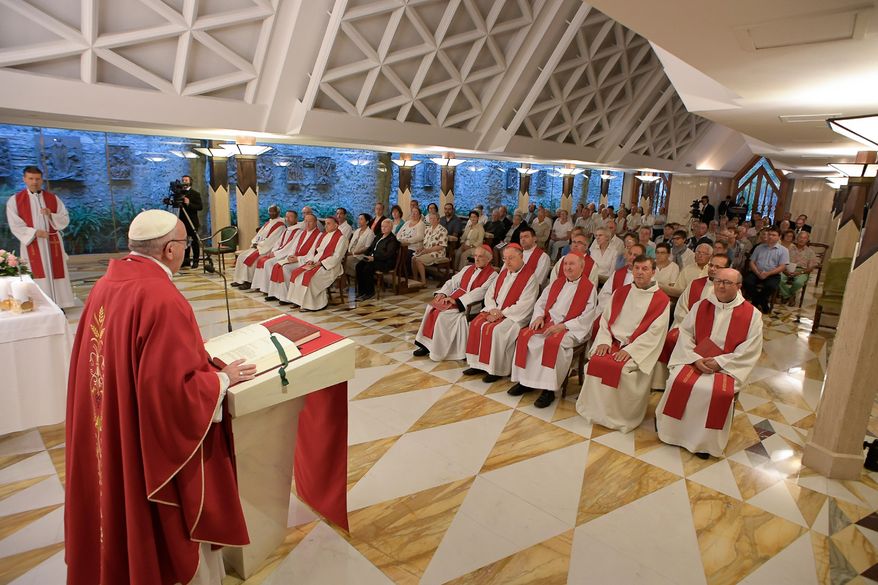 Pope Francis celebrates a Mass in memory of the late Rev. Jacques Hamel at the Vatican, Wednesday, Sept. 14, 2016. (L'Osservatore Romano/Pool photo via AP)