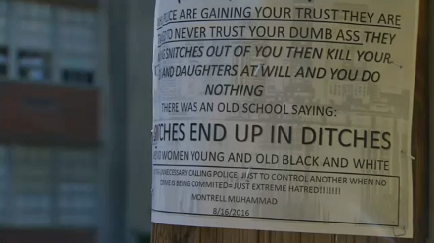 A screenshot from a WDRB.com video shows a flier discouraging police cooperation that has been posted throughout the Louisville, Kentucky, area.