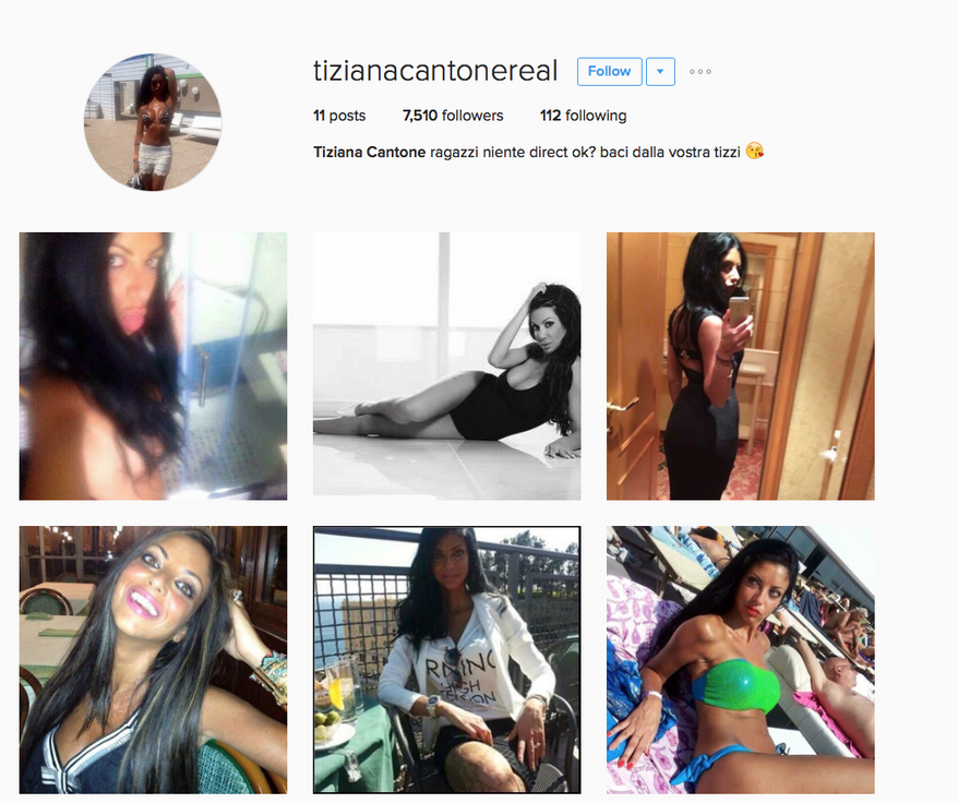 Revenge porn victim Tiziana Cantone's Instagram page. The Italian woman killed herself after more than a year of ridicule and abuse following the posting of a sex video online.