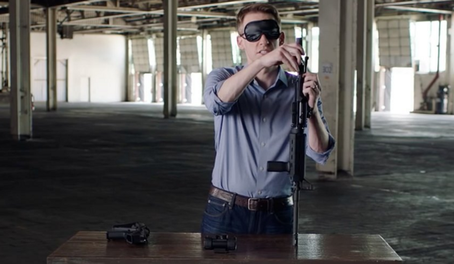 Missouri Democratic Senate candidate Jason Kander assembles a rifle while blindfolded in this campaign ad.