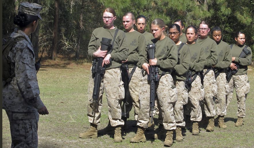 Female recruits stand at the Marine Corps Training Depot on Parris Island, S.C. (Associated Press)