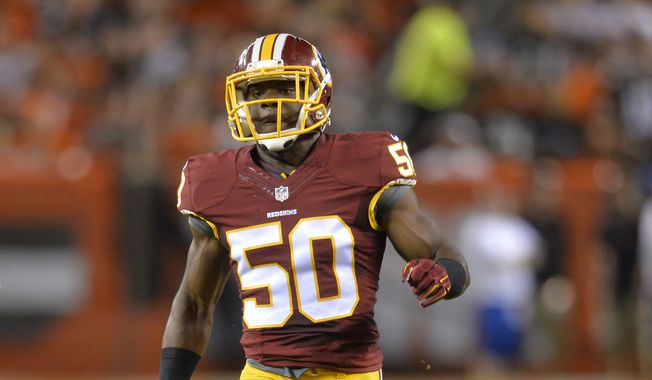 Washington Redskins outside linebacker Martrell Spaight runs on the field during an NFL preseason football game against the Cleveland Browns Thursday, Aug. 13, 2015, in Cleveland. Washington won 20-17. (AP Photo/David Richard)