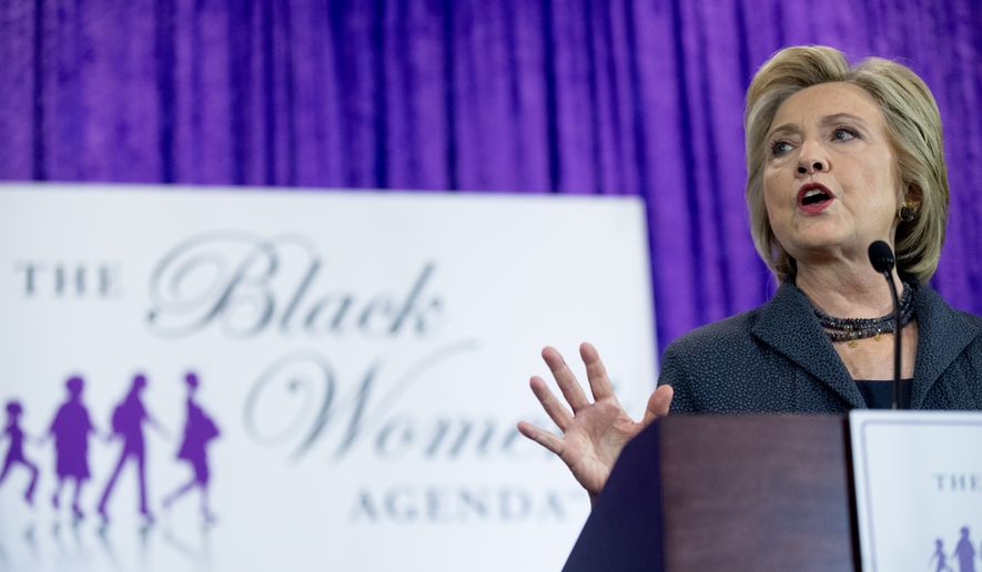 Democratic presidential candidate Hillary Clinton speaks at the Black Womens Agendas 29th Annual Symposium at the Renaissance Washington, D.C. Downtown Hotel, in Washington, Friday, Sept. 16, 2016. (AP Photo/Andrew Harnik)