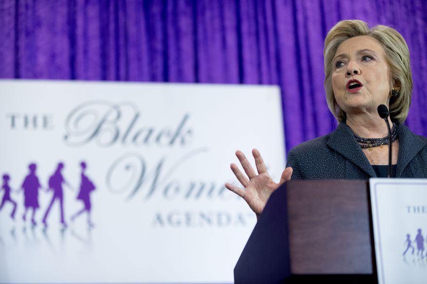 Democratic presidential candidate Hillary Clinton speaks at the Black Womens Agendas 29th Annual Symposium at the Renaissance Washington, D.C. Downtown Hotel, in Washington, Friday, Sept. 16, 2016. (AP Photo/Andrew Harnik)