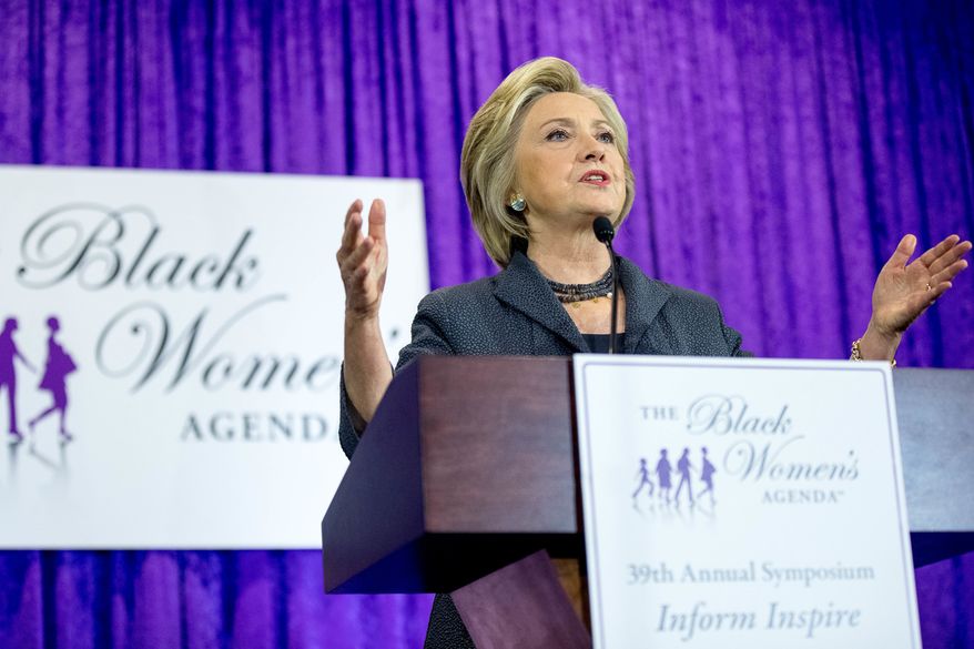 Democratic presidential candidate Hillary Clinton speaks at the Black Women's Agenda's 29th Annual Symposium, Friday, Sept. 16, 2016, in Washington. (AP Photo/Andrew Harnik)