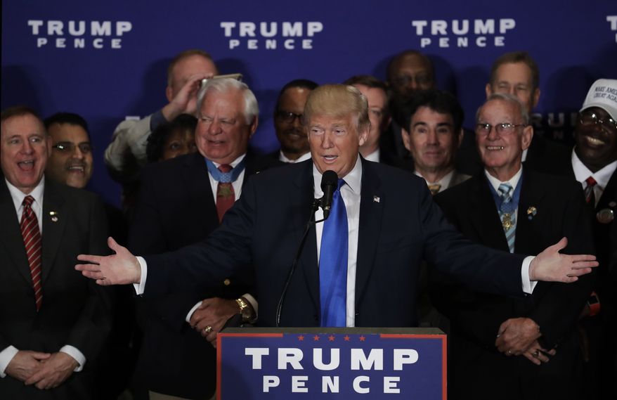 Republican presidential candidate Donald Trump speaks during a gathering with military leaders and veterans at the new Trump International Hotel in Washington, Friday, Sept. 16, 2016. (AP Photo/Manuel Balce Ceneta)