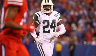 New York Jets cornerback Darrelle Revis (24) defends during the first half of an NFL football game against Buffalo Bills on Thursday, Sept. 15, 2016, in Orchard Park, N.Y. (AP Photo/Bill Wippert)