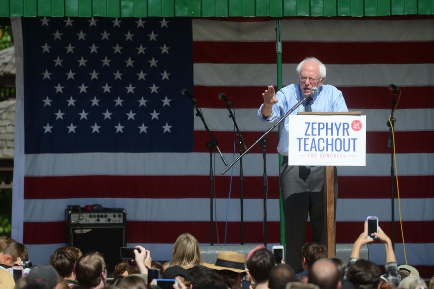 U.S. Sen. Bernie Sanders, I-Vt., addresses several hundred people Friday, Sept. 16, 2016 at Hasbrouck Park in New Paltz, N.Y., during a campaign rally for Democratic congressional candidate Zephyr Teachout.  Teachout is running in New York&#39;s 19th Congressional District against Republican John Faso.    (Tania Barricklo/The Daily Freeman via AP)