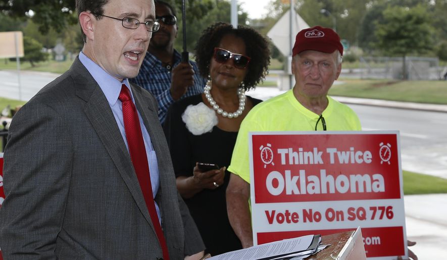In this Tuesday, Sept. 13, 2016 photo, Marc Hyden, national advocacy coordinator for Conservatives Concerned About the Death Penalty, speaks on Oklahoma state question 776 in Oklahoma City. The state question is asking Oklahoma voters to enshrine the death penalty in the state's nearly 100-year-old constitution and is facing opposition from groups on opposite ends of the political spectrum. (AP Photo/Sue Ogrocki)