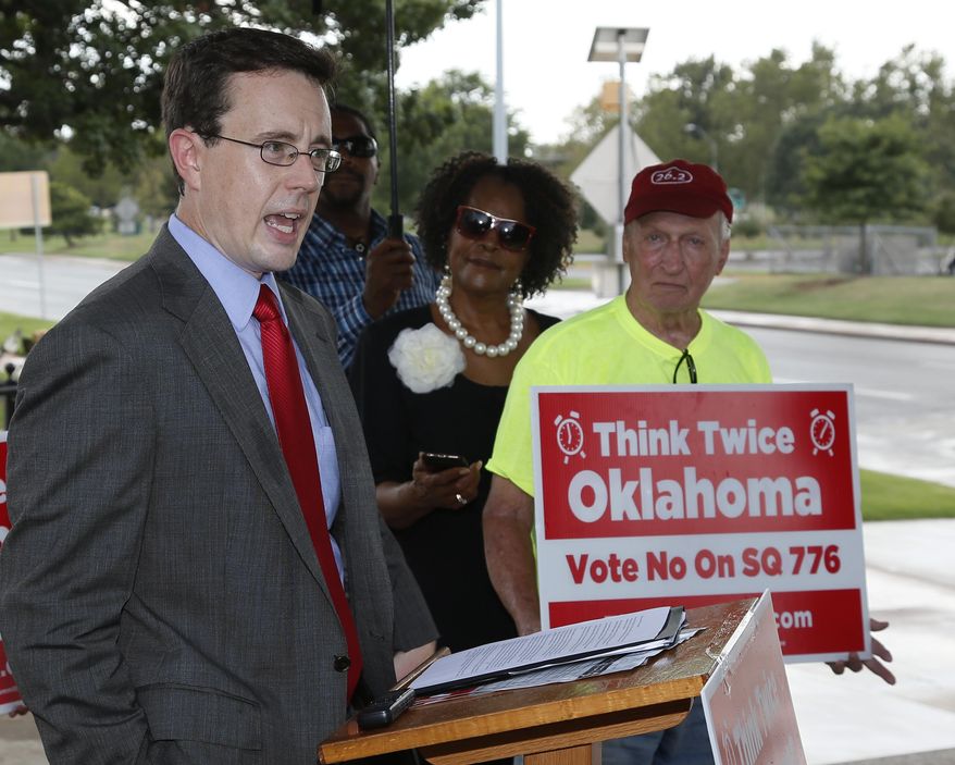 In this Tuesday, Sept. 13, 2016 photo, Marc Hyden, national advocacy coordinator for Conservatives Concerned About the Death Penalty, speaks on Oklahoma state question 776 in Oklahoma City. The state question is asking Oklahoma voters to enshrine the death penalty in the state's nearly 100-year-old constitution and is facing opposition from groups on opposite ends of the political spectrum. (AP Photo/Sue Ogrocki)