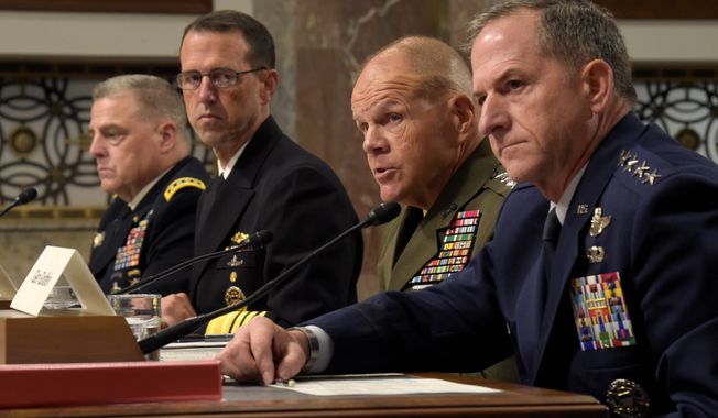 From left: Army Gen. Mark Milley, Navy Adm. John Richardson, Marine Corps Gen. Robert Neller and Air Force Gen. David Goldfein acknowledged to the Senate Arms Services Committee that they had not discussed the readiness crisis with their commander in chief. Donald Trump said generals under President Obama have been &quot;reduced to rubble.&quot; (Associated Press)