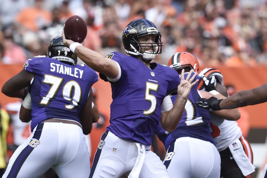 Baltimore Ravens quarterback Joe Flacco throws in the first half of an NFL football game against the Cleveland Browns, Sunday, Sept. 18, 2016, in Cleveland. (AP Photo/David Richard)