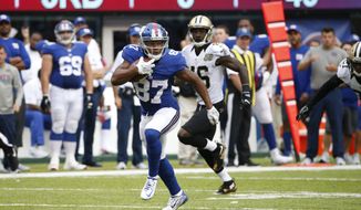 New York Giants wide receiver Sterling Shepard (87) runs away from New Orleans Saints&#39; Ken Crawley (46) during the second half of an NFL football game Sunday, Sept. 18, 2016, in East Rutherford, N.J.  (AP Photo/Kathy Willens) **FILE**