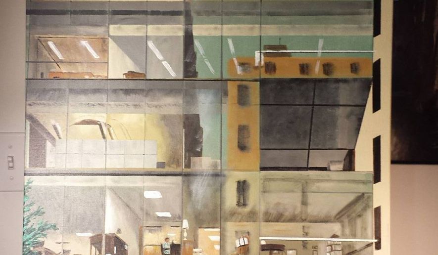 A work from Ron Hess Original Art shows a D.C. office building with only one worker in it. (Facebook)