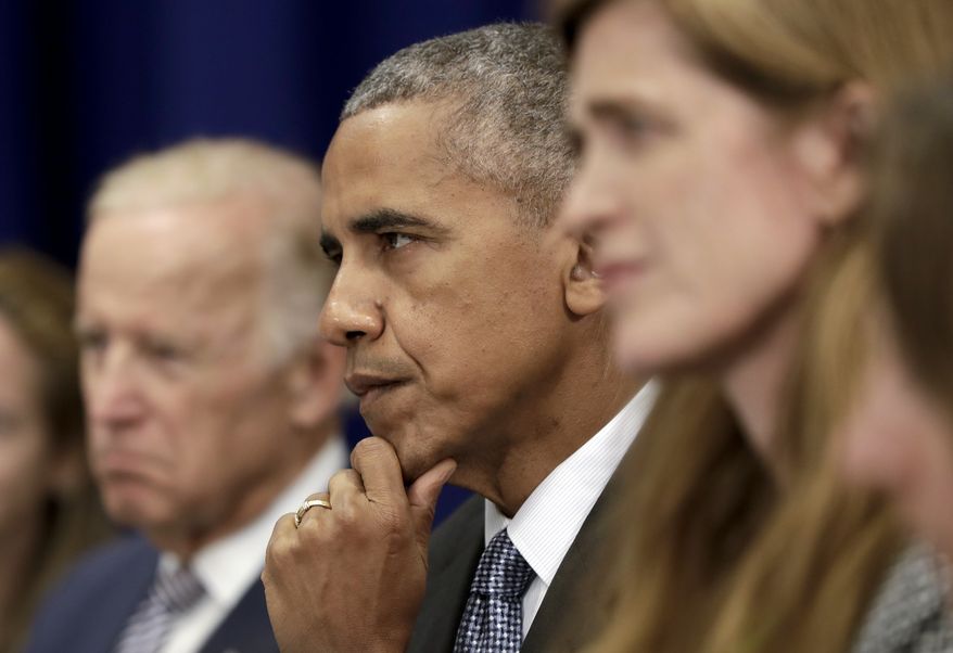 President Obama is joined by Vice President Joseph R. Biden and Ambassador Samantha Power at the United Nations in New York. (Associated Press)