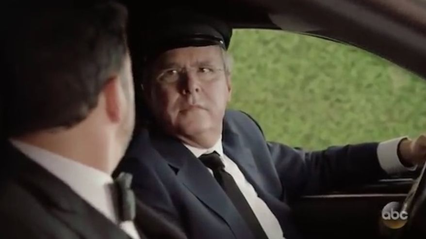 Former Republican presidential candidate Jeb Bush made a surprise cameo as Jimmy Kimmel's Uber driver in the opening skit at the Emmys Sunday night. (ABC)