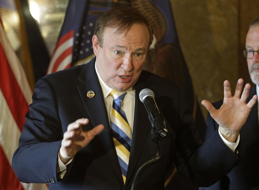 FILE - In this Jan. 27, 2015, file photo, Democratic state Sen. Jim Dabakis, speaks during a news conference in Salt Lake City. Dabakis, who traveled with his partner to Iran in the summer of 2016, has set off a firestorm in Islamic Republic, where hard-liners accuse him of being “part of a major Western project to infiltrate” the country. Dabakis is gay -- a crime in Iran that can carry the death penalty. But the Salt Lake City-based art dealer says such cross-culture exchanges are essential to the two nations forming a lasting peace. (AP Photo/Rick Bowmer, File)