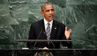 United States President Barack Obama addresses the 71st session of the United Nations General Assembly, at U.N. headquarters, Tuesday, Sept. 20, 2016. (AP Photo/Richard Drew)