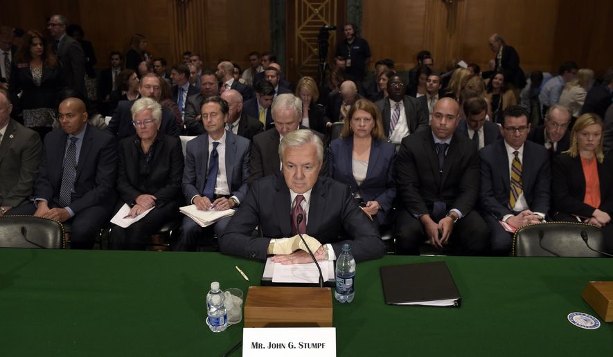 Wells Fargo Chief Executive Officer John Stumpf prepares to testify on Capitol Hill in Washington, Tuesday, Sept. 20, 2016, before Senate Banking Committee. Strumpf was called before the committee for betraying customers' trust in a scandal over allegations that employees opened millions of unauthorized accounts to meet aggressive sales targets. (AP Photo/Susan Walsh)