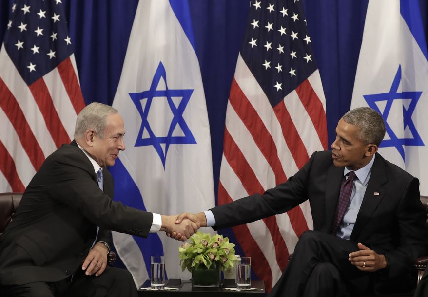 President Barack Obama shakes hands with Israeli Prime Minister Benjamin Netanyahu during a bilateral meeting at the Lotte New York Palace Hotel in New York, Wednesday, Sept. 21, 2016. (AP Photo/Carolyn Kaster)